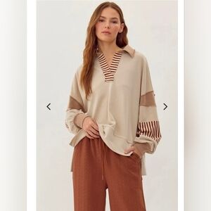 NEW!!! Blue Velvet Beige and Brown Striped Pullover Top, Sz Large, NWT